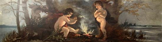 English School c.1900 Putti in classical landscapes, 17.5 x 66.5in, one 17.5 x 64in.